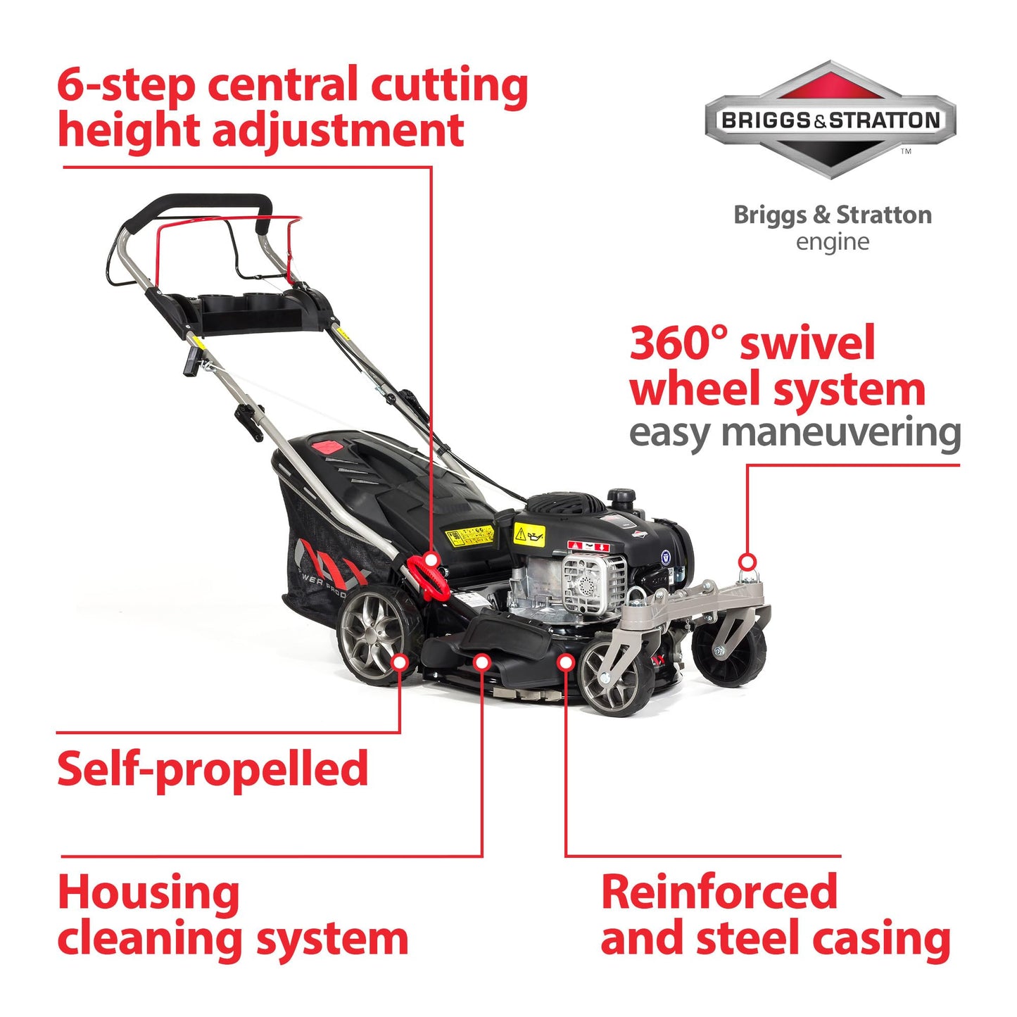 Benzin-Rasenmäher NAX 1000S mit Briggs & Stratton 450E Motor, 42cm Schnittbreite, 45l Fangkorb, Antrieb, Reinigungssystem