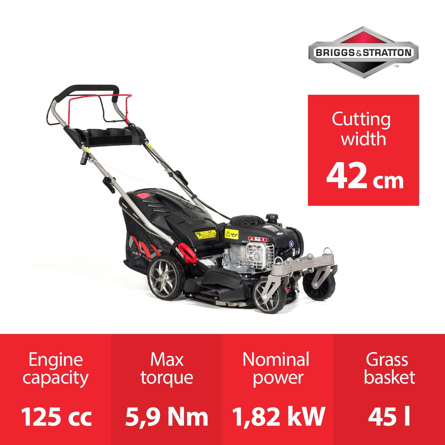 Benzin-Rasenmäher NAX 1000S mit Briggs & Stratton 450E Motor, 42cm Schnittbreite, 45l Fangkorb, Antrieb, Reinigungssystem
