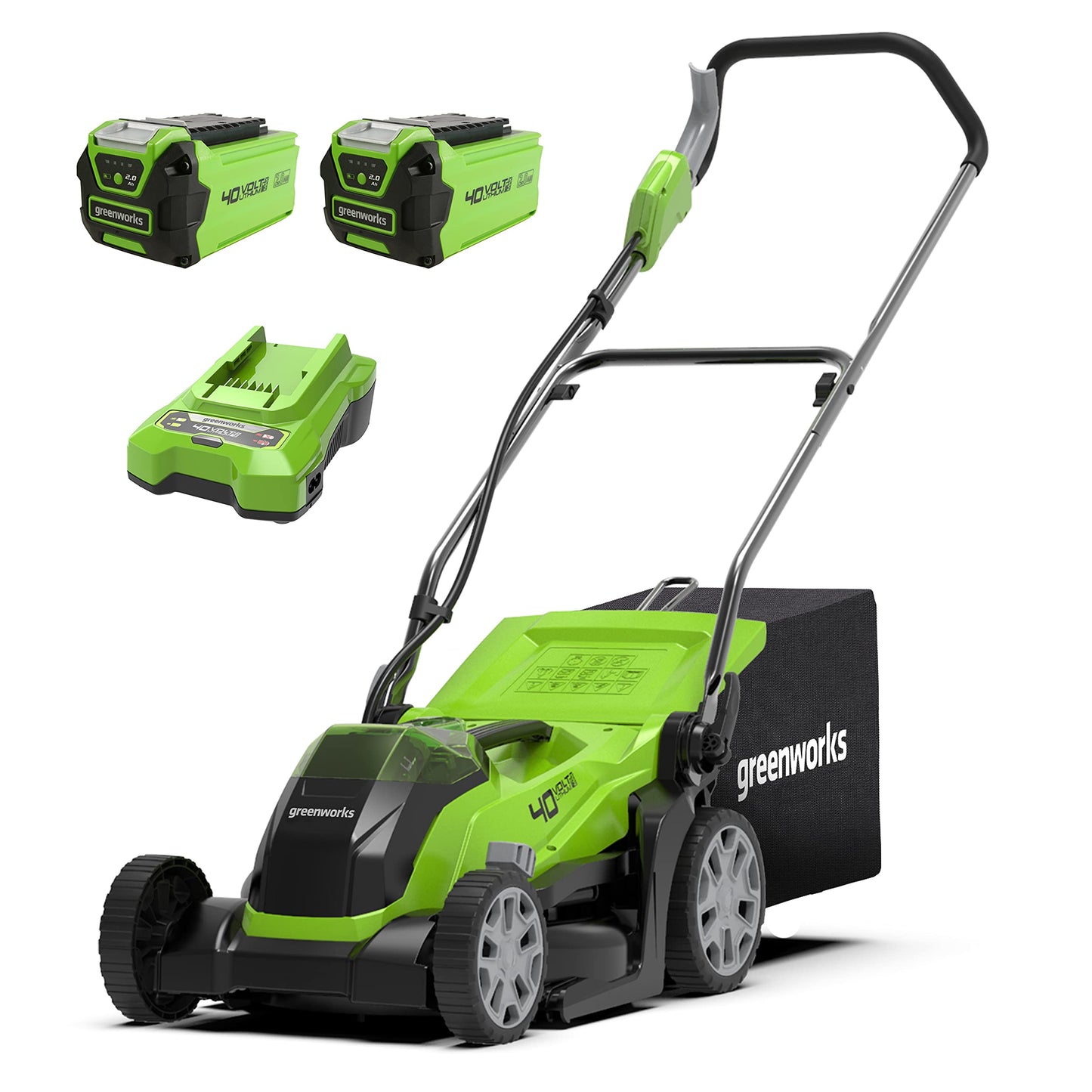 Greenworks 40V Akku-Rasenmäher G40LM35K2X, 35cm Schnittbreite, bis 400 m², 40L Fangkorb, inkl. 2x 2Ah Akkus & Ladegerät, 3 Jahre Garantie
